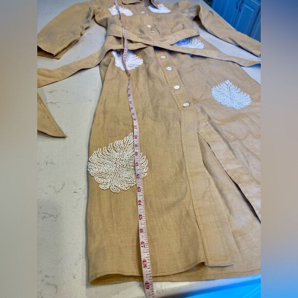 Zara 100% Linen White Beaded Leaf Tan Button Down Boho Collar Artsy Dress Small - Picture 8 of 12